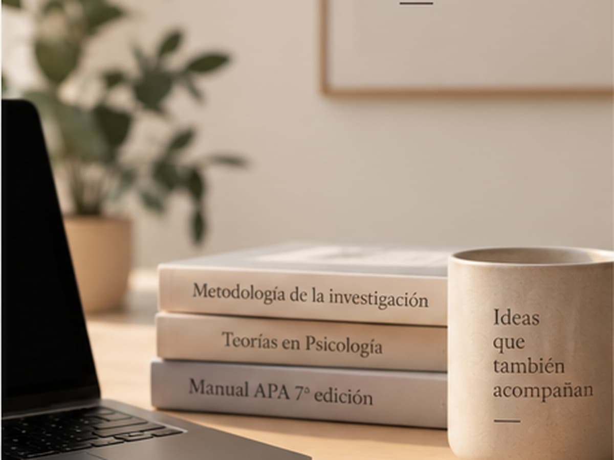 Libros de Psicología y metodología junto a una computadora, para acompañamiento académico.